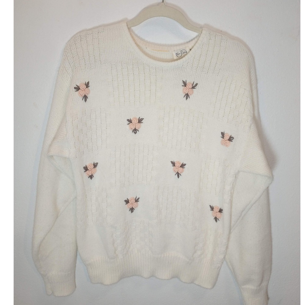 VTG TanJay Cream Floral Hand Embroidered Rosette Knit Sweater Small Cottagecore